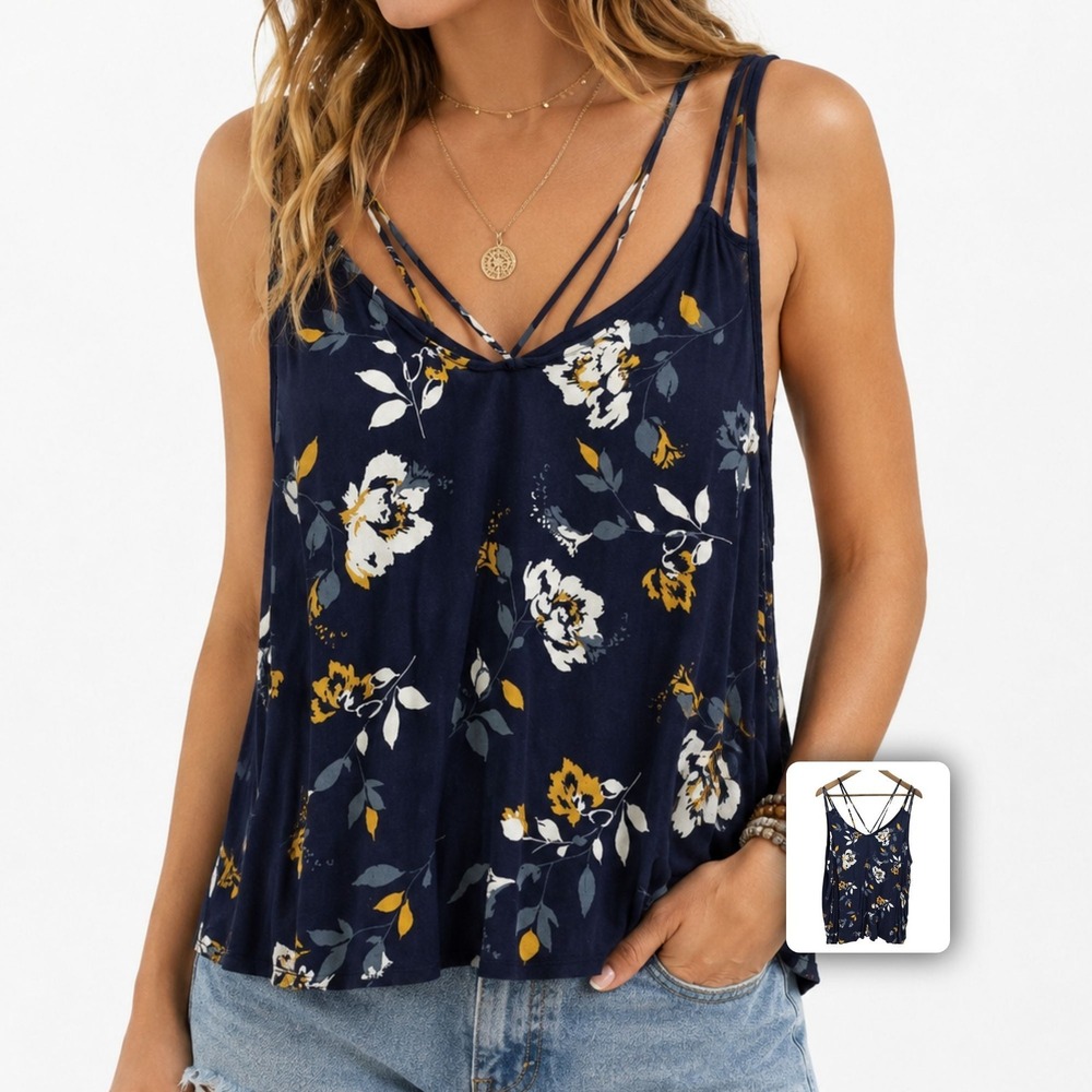 Maurices Tank Cami Floral Strappy Swing Boho Festival Summer Travel Top Navy 2